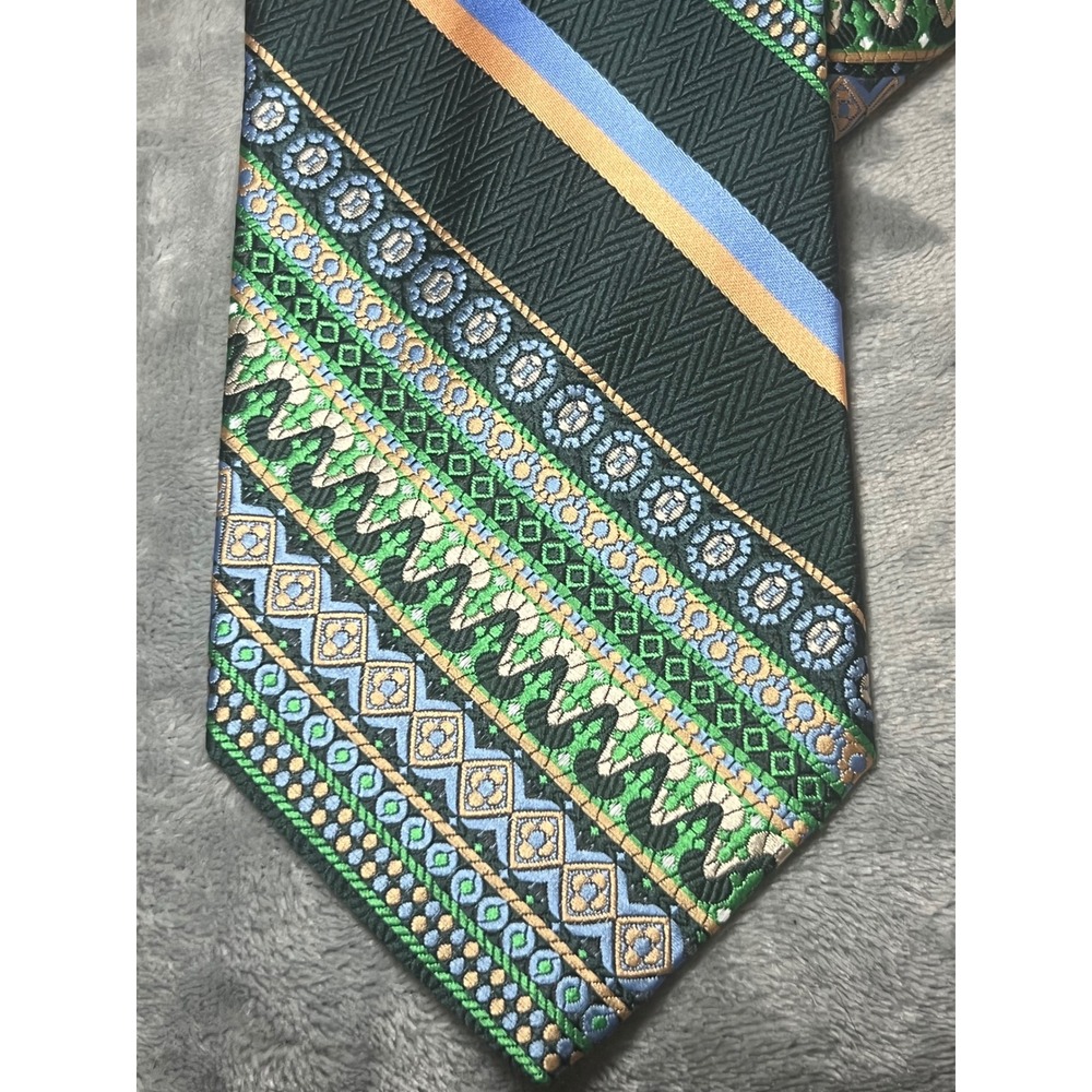 Britannia Tie Set Green Blue Striped Geometric Necktie Pocket Square 4 inch New